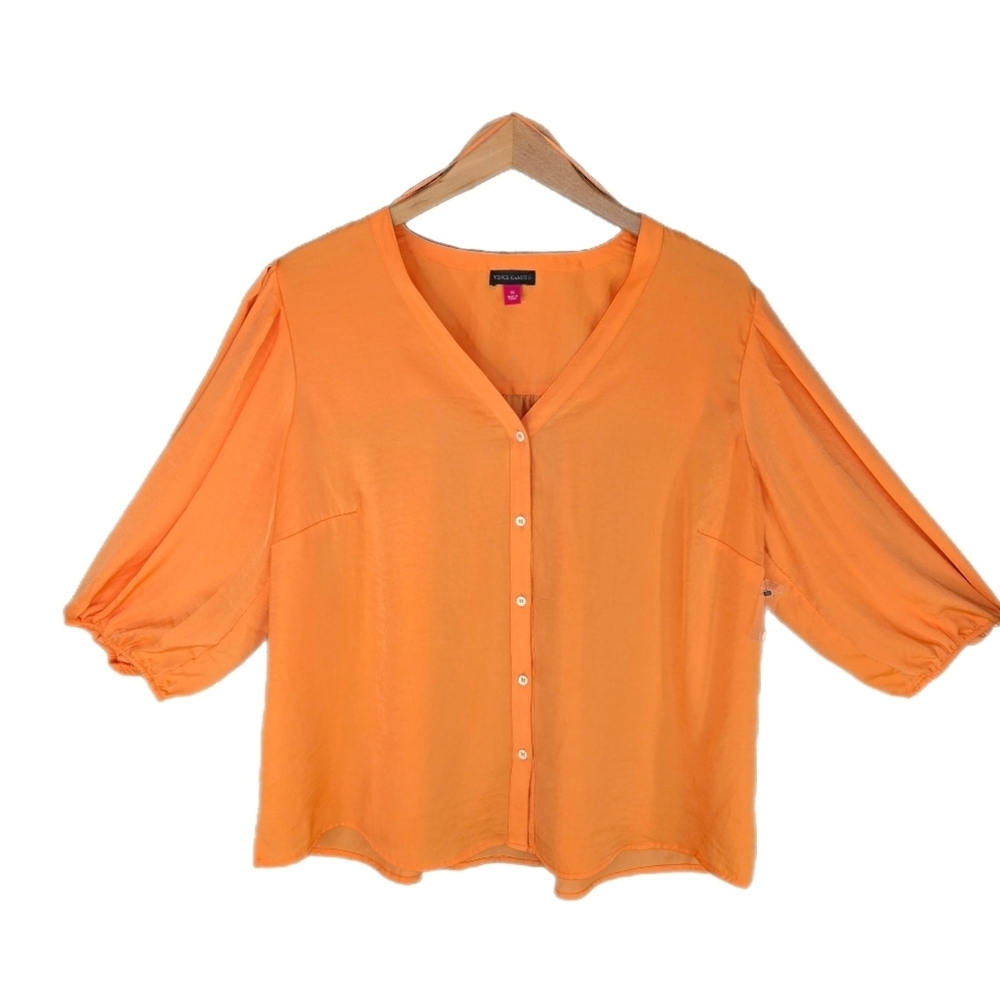 Vince Camuto Womens Ballon Sleeve Top Sz 1X Orange Silky Smooth Button Front